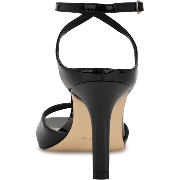 Nine West Women Black Patent Faux Leather Open Squared Toe Heels Sandal - Picture 2 of 6